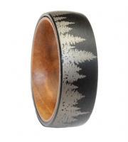 brushed black tungsten engraved with trees and olivewood liner