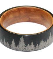 brushed black tungsten engraved with trees and olivewood liner